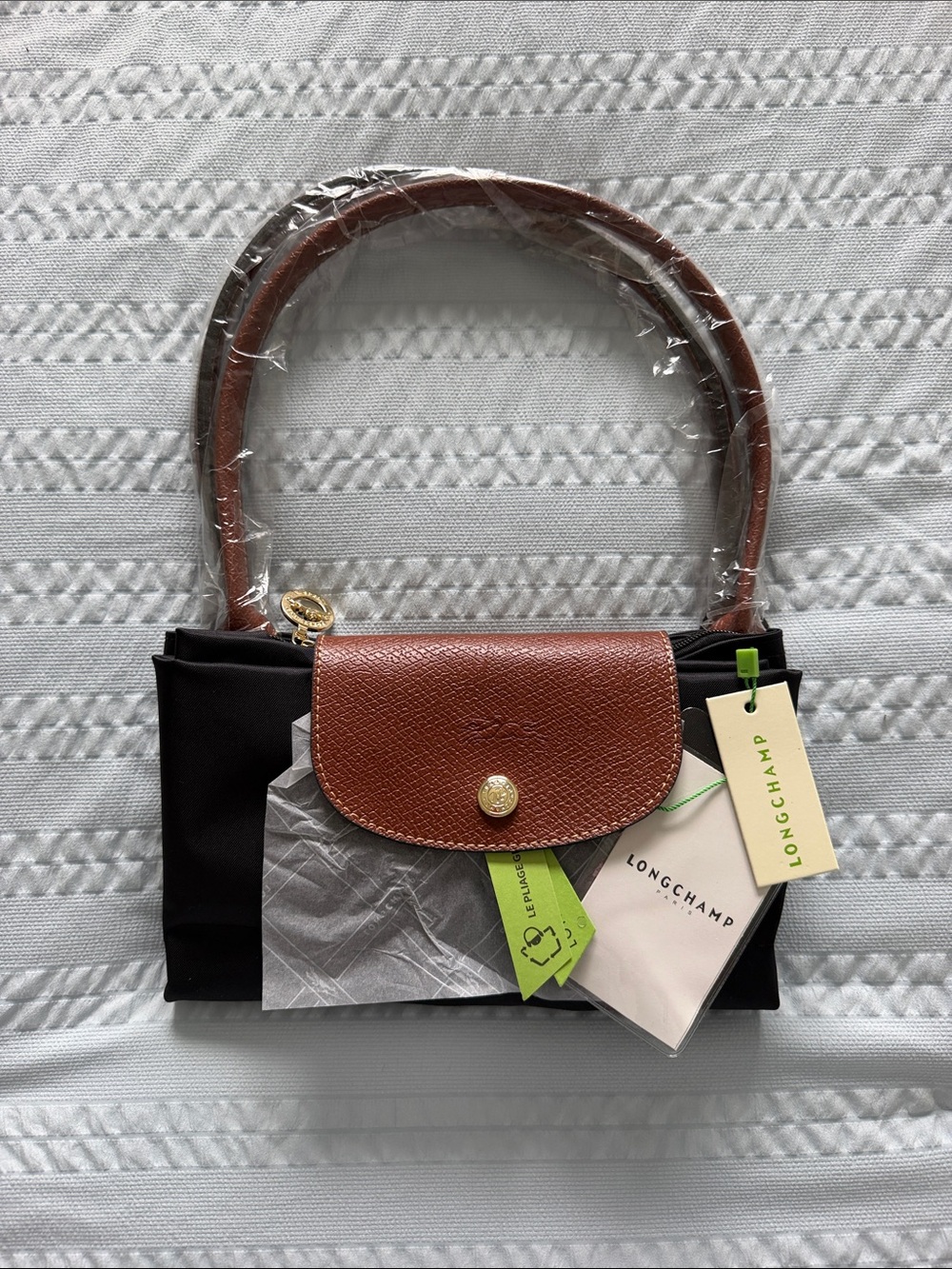 Longchamp Le Pilage Black Nylon Shoulder Bag with Brown Leather Flap and Handles